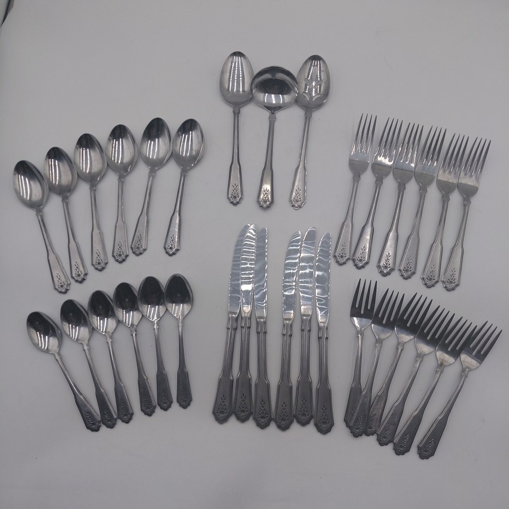 Vtg BRENTWOOD Rogers Co Matte Stainless Korea Flatware Service For 6 Floral